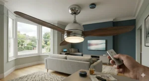Close-up of a brushed chrome ceiling fan with timber blades and integrated light, compatible with Alexa smart home systems.