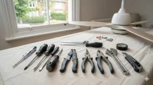 A professional array of tools for UK fan installation, including a voltage tester, screwdrivers, and wire strippers, arranged on a canvas dust sheet.