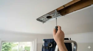 A metal fan mounting bracket being secured into a timber ceiling joist using heavy-duty wood screws and a manual screwdriver.