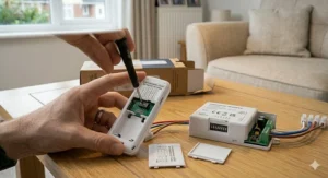 Guide to synchronising a replacement remote using internal dip switch frequency settings.