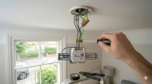 Close-up of ceiling fan wiring using UK standard colours: brown for live, blue for neutral, and green/yellow for earth, connected to a terminal block.