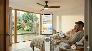 A lifestyle shot showing a user dimming the LED light of a ceiling fan with app on their tablet.