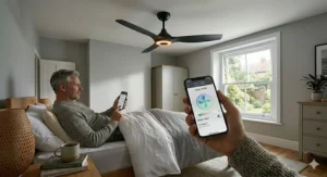 A lifestyle shot in a master bedroom showing the dimmable LED light of an app controlled ceiling fan being adjusted for evening ambiance via a mobile app.