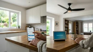 A graphic demonstrating how to enable the specific manufacturer skill within the Alexa app to synchronise with a smart fan.