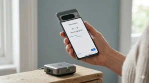 A close-up illustration of a smartphone screen showing the Google Home app interface adding a new smart ceiling fan.