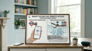 A person using their phone outdoors to turn on their living room ceiling fan via the Google Home app before arriving home.