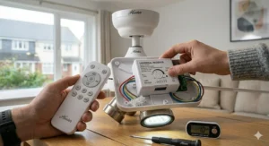 Illustration showing the dimming feature on a replacement remote for a ceiling fan with lights.
