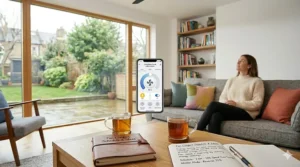 A digital illustration showing how to use a ceiling fan with app to schedule cooling and reduce UK energy bills.