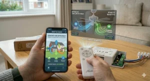 Graphic highlighting the energy-saving benefits of using remote-controlled fan speeds in a UK home.