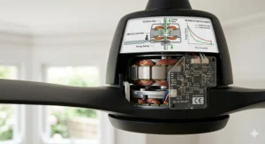 A technical cutaway showing the energy-efficient DC motor of a modern remote ceiling fan, highlighted as an ideal solution for reducing UK utility bills.