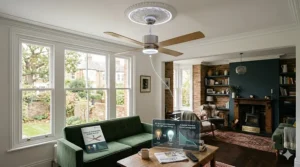 An illustration showing the energy-saving benefits of DC motor remote control ceiling fans for UK homeowners.