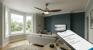 Smartphone showing an Alexa Energy Saver Schedule routine to manage a ceiling fan and light for UK energy efficiency.