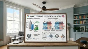 An infographic showing the energy-saving benefits of using a Google Home compatible ceiling fan in a British household.