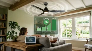 A technical graphic overlaying a living room showing how Google Home ceiling fans reduce energy consumption and costs for UK households.