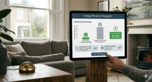 An energy efficiency infographic comparing the annual running costs of a smart fan against air conditioning in British pounds.