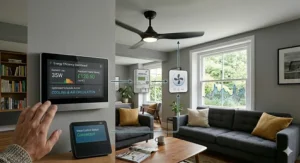 An infographic-style photo showing an energy efficiency dashboard and smart hub next to an app controlled ceiling fan, highlighting cost savings in pounds sterling.