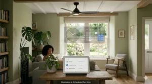 An interface overlay on a lounge scene showing a weekly schedule for automated ceiling fan operation via the Google Home app.