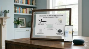 A digital illustration of a connected UK home office featuring a smart ceiling fan and smart bulbs synced with Google Home.