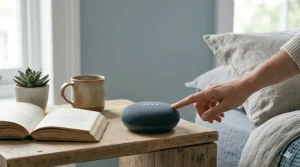 A Google Nest Mini on a bedside table being used to adjust a ceiling fan speed via voice command.