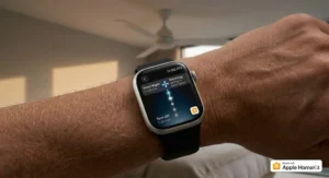 A close-up of an Apple Watch on a wrist showing a HomeKit automation timeline that dims the fan light and reduces speed for a Good Night routine.