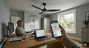 A modern UK home office with a professional at a desk, using an app controlled ceiling fan to maintain a productive, quiet work environment.