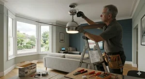 Professional electrician installing an Alexa-compatible ceiling fan with light in a UK home using standard tools and wiring.