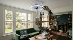 A technical diagram demonstrating how to install a remote control receiver into a standard UK ceiling rose fitting.