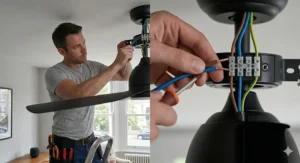 A professional electrician installing a HomeKit ceiling fan, showing the termination of standard UK brown, blue, and green-and-yellow earth wiring.