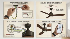 A multi-panel illustration detailing an IoT ceiling fan installation, including wiring to a standard UK ceiling rose with correct colour coding and smartphone app pairing.