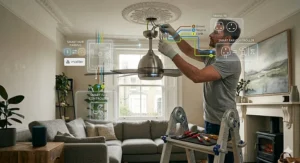 A technical illustration of a smart home ceiling fan being connected to standard UK 230V mains wiring and a smart hub.