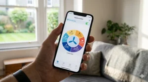 A close-up of a hand holding a smartphone displaying a sophisticated app interface for scheduling IoT ceiling fan modes like 'Wake Up' and 'Sleep Mode' in a UK home.