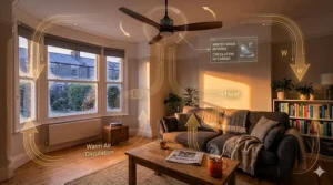 A detailed technical cutaway of an IoT ceiling fan showing summer and winter modes, specifically highlighting heat recirculation to reduce heat loss during UK winters.