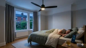 A complex technical infographic showing customisable LED mood lighting features of an IoT ceiling fan, including warm accent and cool task lighting options.