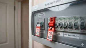 A standard British consumer unit with a red locking device and "Do Not Operate" tag isolating the lighting circuit for safety.