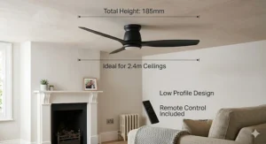A low-profile modern remote ceiling fan with dimensions shown, specifically designed for UK homes with standard 2.4m ceiling heights.