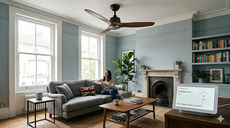 A modern black ceiling fan installed in a contemporary UK lounge, integrated with Google Home for voice-controlled cooling. ceiling fan works with google home