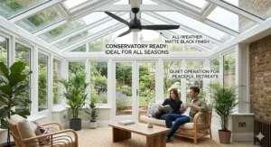 A stylish, matte black remote-controlled ceiling fan installed in a bright British glass conservatory to maintain a comfortable temperature year-round.