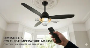 A view of a modern remote ceiling fan showing the adjustable colour temperature settings of the integrated LED, from warm candlelight to bright daylight.
