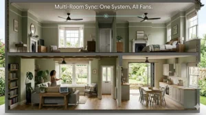 An architectural cross-section of a UK house showing Google Home ceiling fans in the lounge, kitchen, and bedroom, all synced to one system.