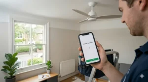 A smartphone screen displaying a "Pairing Success" notification after connecting the newly installed smart fan to the home WiFi network.