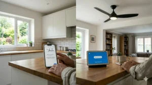 An illustration showing a user adding a new device to the Google Home app interface on a tablet.