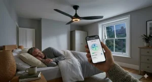 A peaceful UK bedroom scene with a man sleeping under an app controlled ceiling fan, with a smartphone in the foreground showing sleep mode settings.