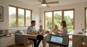 A close-up photorealistic 4K image of a sound level meter displaying 22.5 dB(A) for a quiet ceiling fan measurement, resting on a timber dining table in a contemporary UK open-plan home.