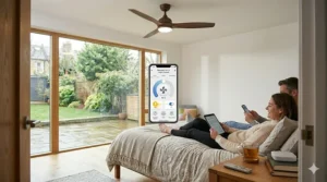 A quiet ceiling fan with app functionality installed in a British bedroom for overnight temperature control.