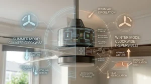 A serene bedroom setting featuring a silent IoT ceiling fan with automated night-time temperature sensors for British households.