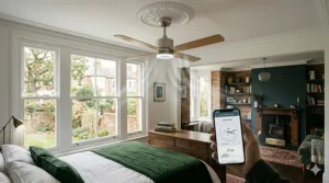 A low-profile remote control ceiling fan with a silent motor, ideal for a master bedroom in a British semi-detached house.