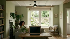 A serene living space featuring a silent-running smart fan, highlighting its suitability for keeping UK homes cool without noise disruption.