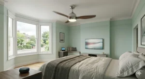 Quiet-running smart ceiling fan with light installed in a British bedroom with soft natural lighting and sage green walls.