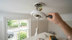 A traditional British rose pendant light fitting being removed from a ceiling, exposing the internal loop-in wiring and connector block.