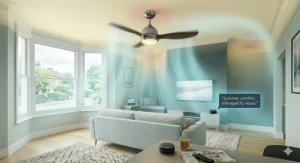 Visualisation of airflow from a reversible Alexa-compatible ceiling fan providing summer cooling in a British living room.